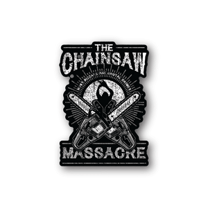 Vinyl sticker: “THE CHAINSAW MASSACRE” text with crossed chainsaw graphic