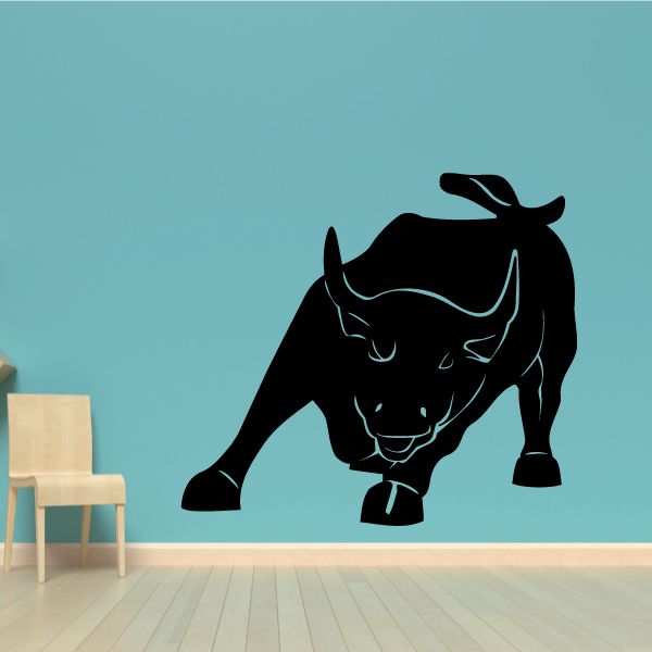 Charging bull wall decal, black silhouette with white outline and charging pose