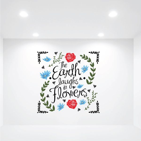 Floral printed die-cut decal with rose and blue flower wreath text