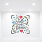Floral printed die-cut decal with rose and blue flower wreath text