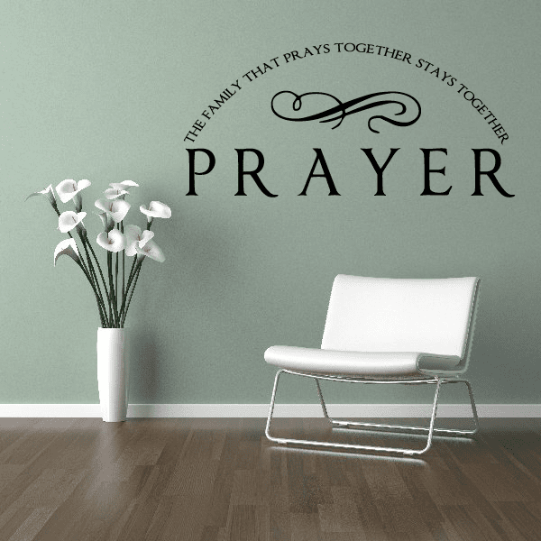 Prayer wall decal with faith quote and dove-like emblem in black lettering