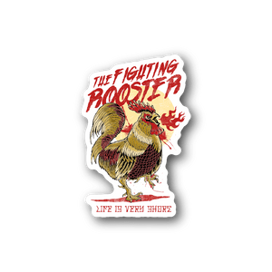 Rooster sticker with flames and red 'THE FIGHTING ROOSTER' text