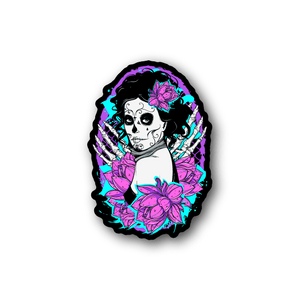 Girl vinyl sticker with illustrated skeleton face and pink-purple flowers, vinyl outline