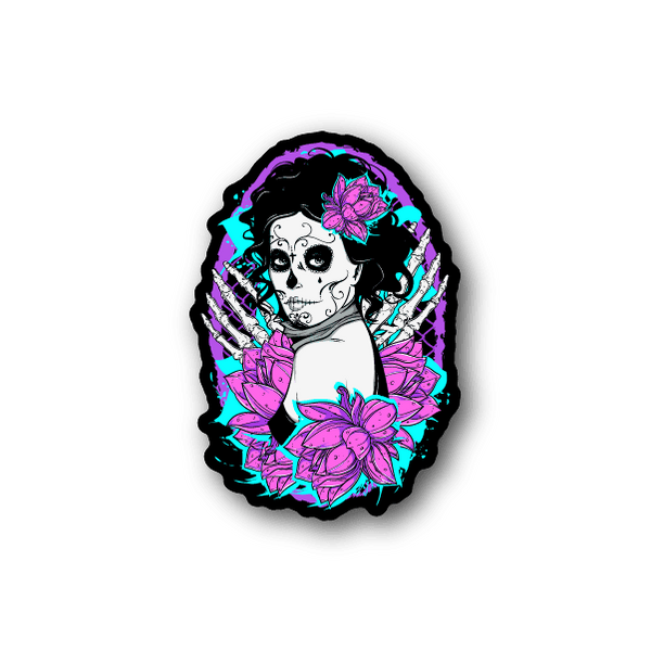 Girl vinyl sticker with illustrated skeleton face and pink-purple flowers, vinyl outline