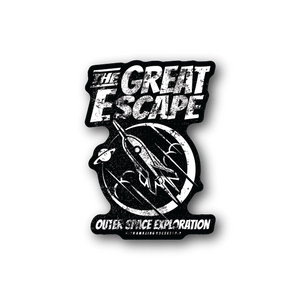 Vinyl sticker with 'The Great Escape' text and rocket graphic, white on dark