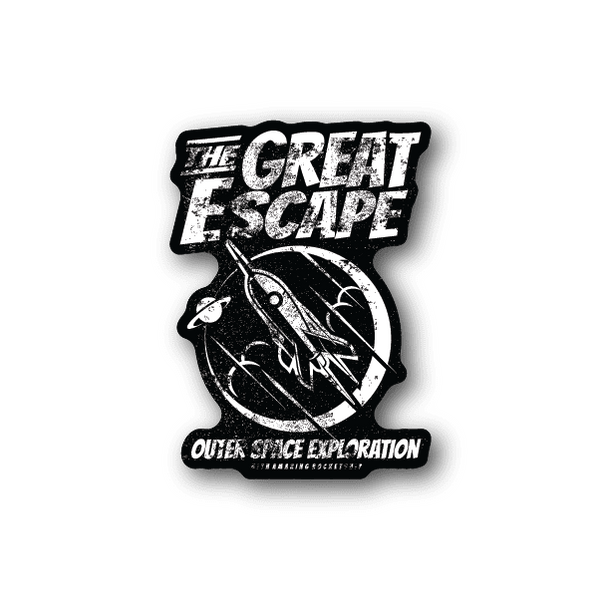 Vinyl sticker with 'The Great Escape' text and rocket graphic, white on dark