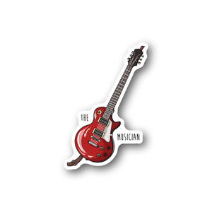 Red electric guitar musician vinyl sticker with white border and text