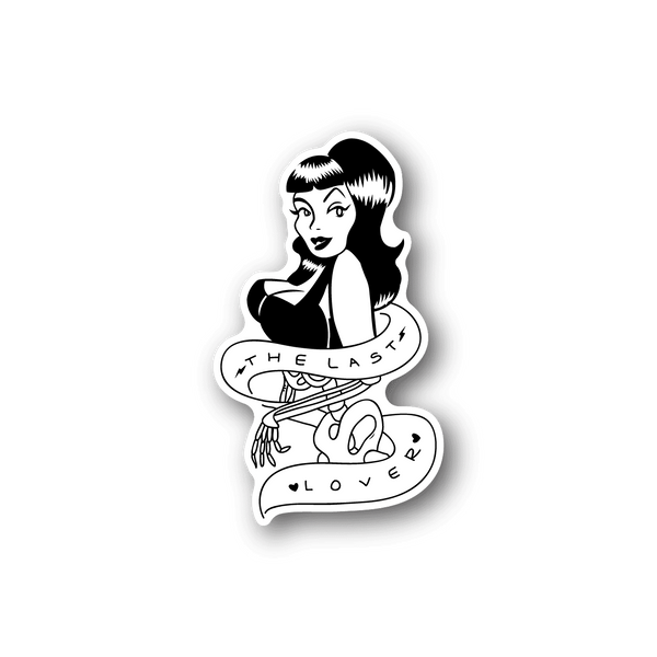 Skeleton girl vinyl sticker with monochrome graphic and white outline