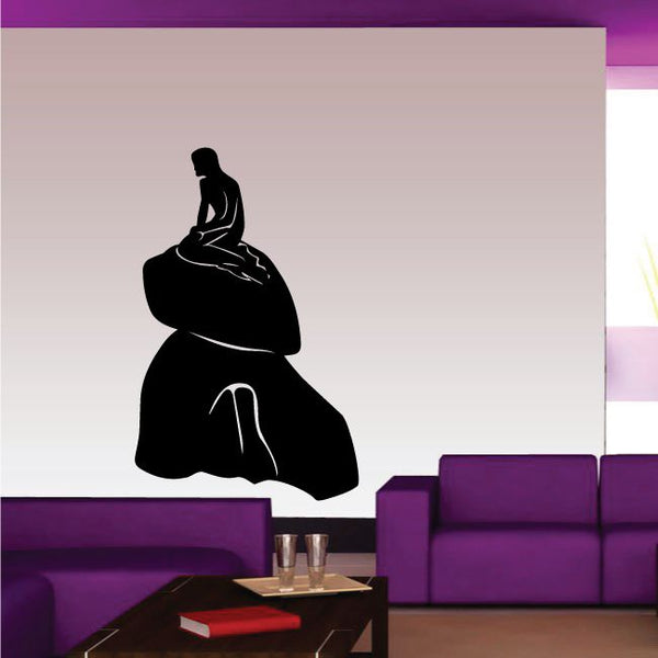 Mermaid silhouette wall decal with flowing hair and curled tail, black