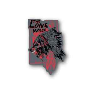 Vinyl sticker with stylized wolf head graphic in black and red, square outline