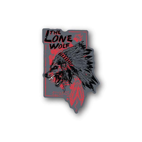 Vinyl sticker with stylized wolf head graphic in black and red, square outline