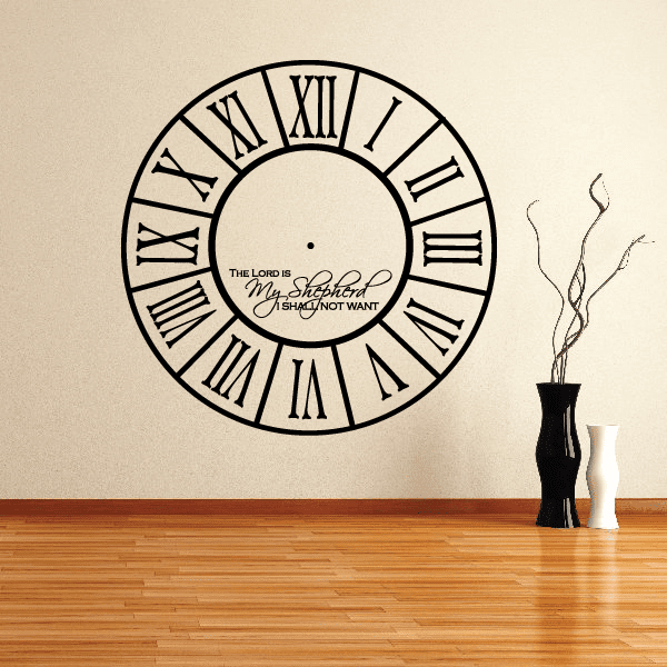 Circular wall decal clock face with Roman numerals and shepherd quote