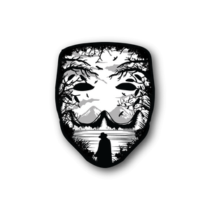 Black-and-white vinyl sticker with stylized mask face and silhouetted figure