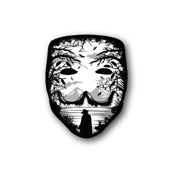 Black-and-white vinyl sticker with stylized mask face and silhouetted figure