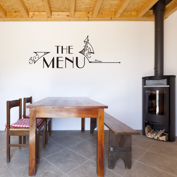 Menu scroll decal with ornate “THE MENU” lettering and decorative scrollwork accents