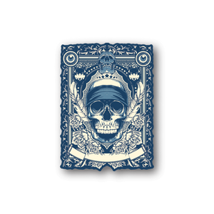 Skull vinyl sticker with ornate floral border and blue face design