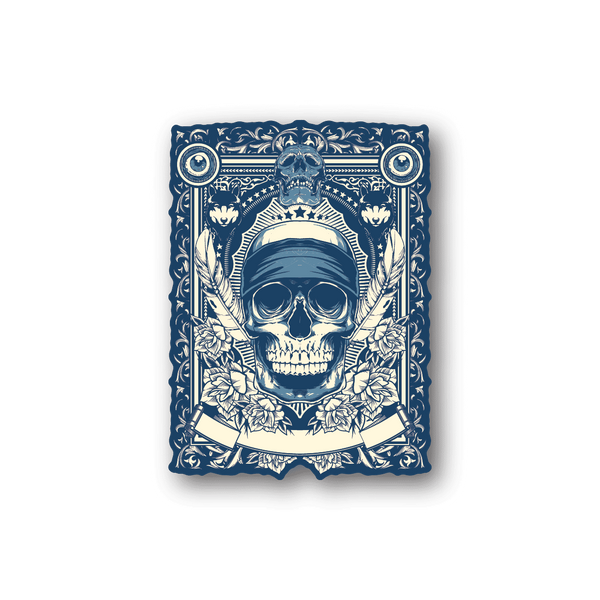 Skull vinyl sticker with ornate floral border and blue face design