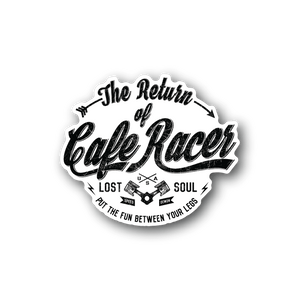 Cafe Racer vinyl sticker, round black design with white text and motorcycle graphics