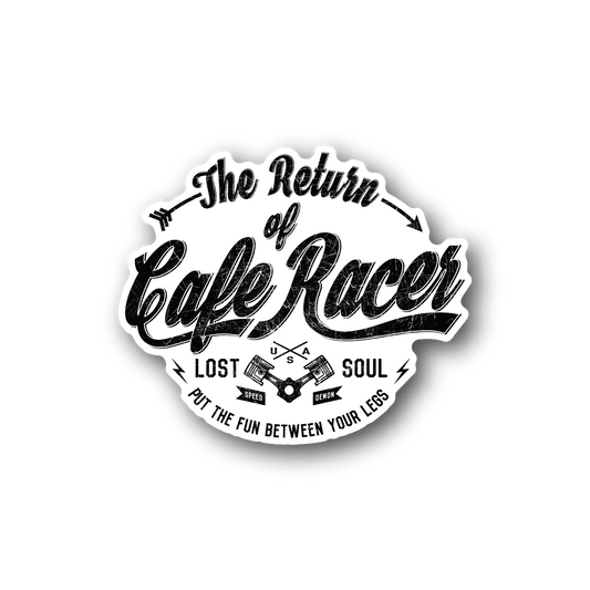 Cafe Racer vinyl sticker, round black design with white text and motorcycle graphics