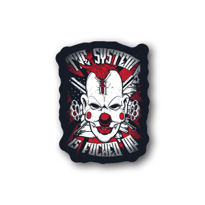 Vinyl sticker with red and white clown face and radial text design