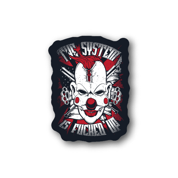 Vinyl sticker with red and white clown face and radial text design