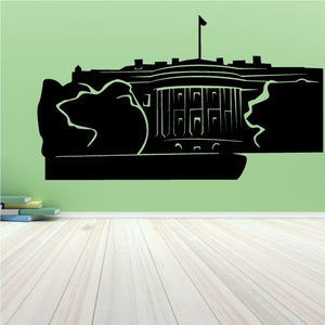 Wall decal featuring a black White House silhouette with white outline and flag
