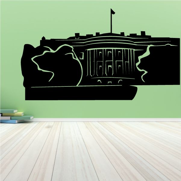 Wall decal featuring a black White House silhouette with white outline and flag