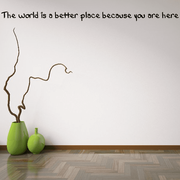 Inspirational wall decal with quote and line-art vine beside small green vases