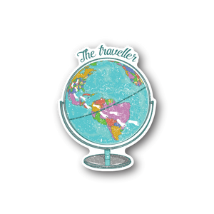 Vinyl globe sticker: blue Earth map with pink areas, on stand, 'The traveler'