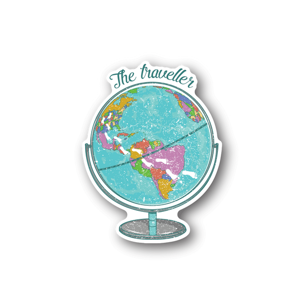 Vinyl globe sticker: blue Earth map with pink areas, on stand, 'The traveler'