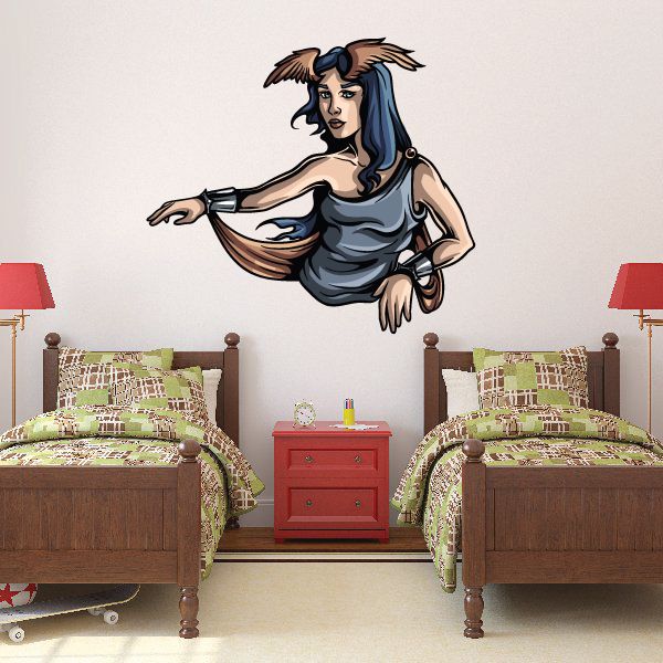 Woman silhouette wall sticker with blue hair and black dress, arms extended