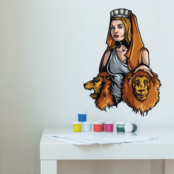 Themis sticker of a hooded woman with crown and two lion faces