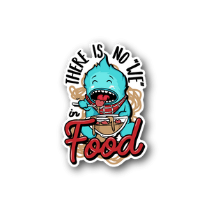 Vinyl sticker with cartoon teal character and red plaid mouth, “Food” text