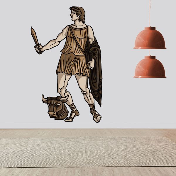 Warrior with Minotaur head wall sticker, sword-wielding stylized beige and brown