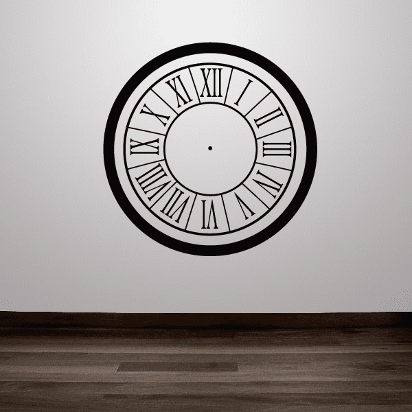Roman numeral clock face wall decal, thick black border and numeral ring