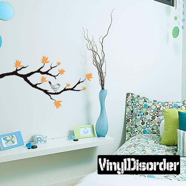Tree branch wall decal with singing birds and orange leaf accents