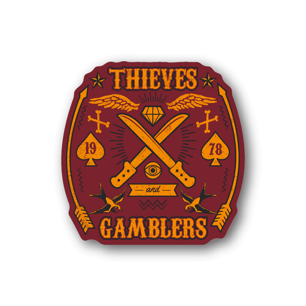 Vinyl sticker with purple shield graphic, crossed swords, cards, and Thieves Gamblers text