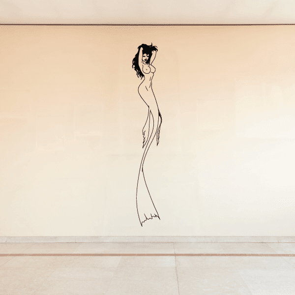 Thin tail mermaid sitting wall decal, black line art silhouette