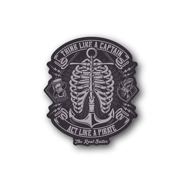 Round vinyl sticker with skeleton hands and captain/pirate text, dark gray and white