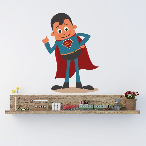 Superhero boy thinking sticker, red cape and emblem suit, cartoon character