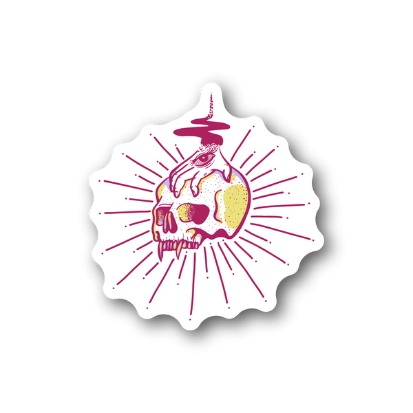 Hand skull third-eye vinyl sticker with pink sunburst rays, white background
