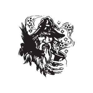 Black and white wizard decal graphic with hat, cloak, and swirling stars