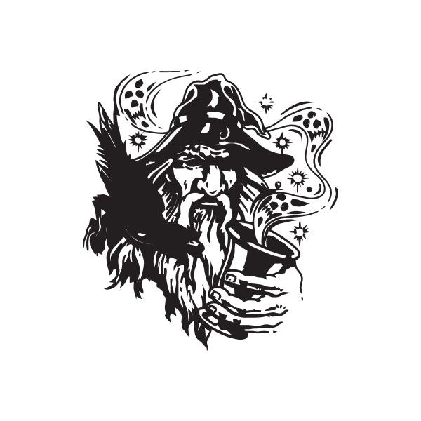 Black and white wizard decal graphic with hat, cloak, and swirling stars