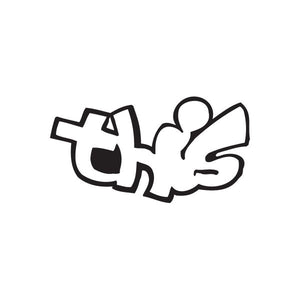 Graffiti decal with black outline, white fill, stylized tag and hand shapes