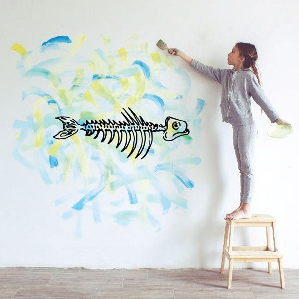 Skeleton fish wall decal, black skeletal fish with wide eye and open mouth.