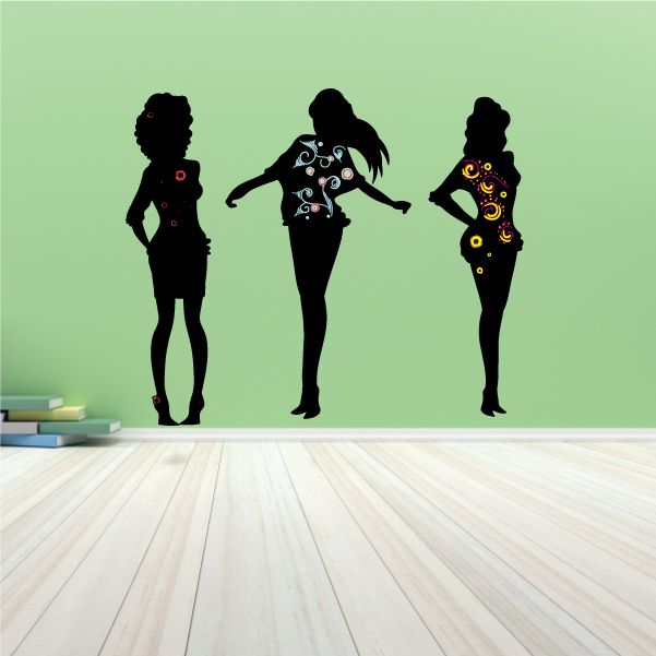 Set of three fashion girl stickers, dark silhouettes with colorful sparkly outfits