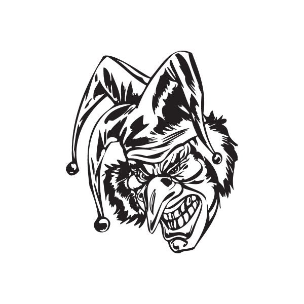 Jester head decal with three-pronged hat and snarling wolf face, black and white