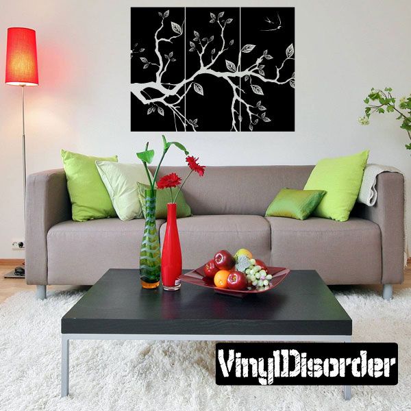 Three-panel cherry blossom branch vinyl wall decal, white flowers on dark background