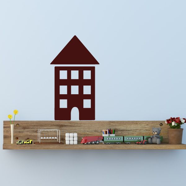 Vinyl wall decal of a dark red three-story house with white windows and door.