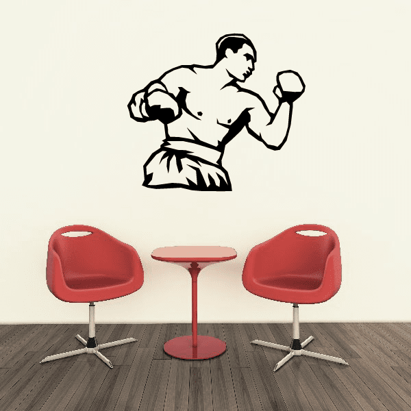 Boxer punching wall decal, black and white figure with raised fists
